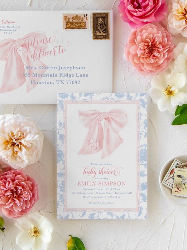 Preppy Southern Pink and Blue Bow Monogram Chinoiserie Baby Shower Invitation, Girl Baby Sprinkle Invites Winter Baby Blessing toile Printed (10 printed invitations, Plain White Envelopes)