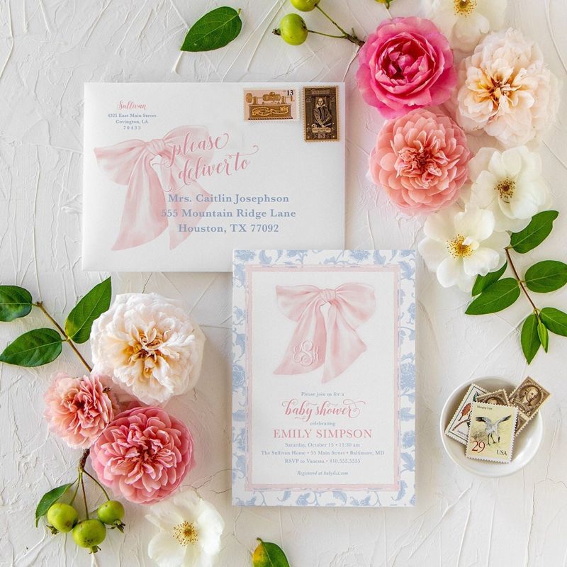 Preppy Southern Pink and Blue Bow Monogram Chinoiserie Baby Shower Invitation, Girl Baby Sprinkle Invites Winter Baby Blessing toile Printed (10 printed invitations, Plain White Envelopes)