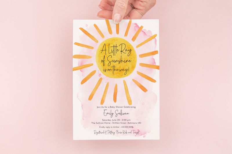 Pink Sunshine Baby Shower Invitation - A Little Ray of Sunshine - My Sunshine - Boho Sunshine Printed (10 printed invitations | Plain White Envelopes)