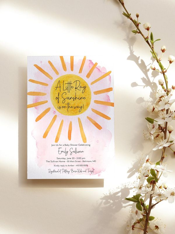 Pink Sunshine Baby Shower Invitation - A Little Ray of Sunshine - My Sunshine - Boho Sunshine Printed (10 printed invitations | Plain White Envelopes)