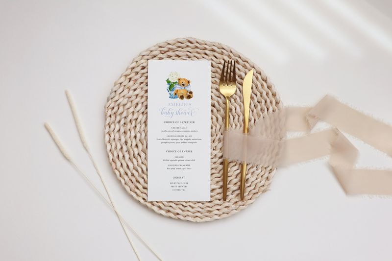 Teddy Bear Baby Shower Menu - Blue and White Ginger Jar Hyndrangea Baby Shower - Printed Menu Cards (JPG one per page)