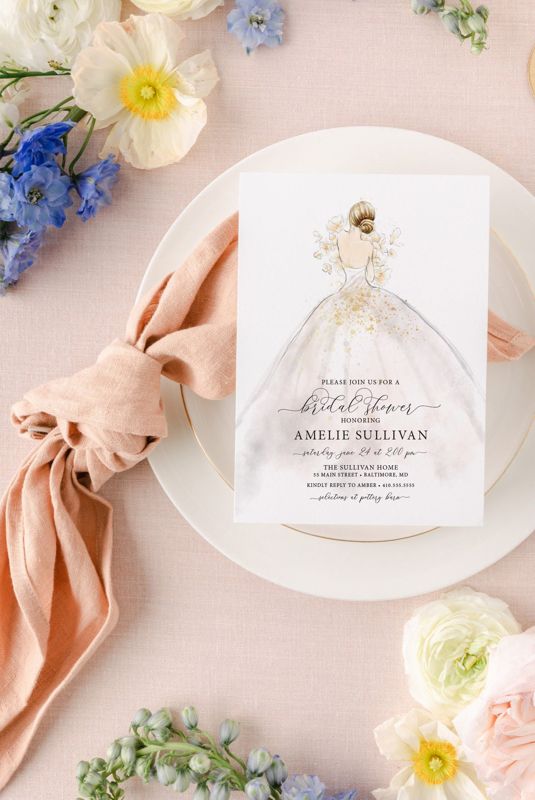 Wedding Dress Bridal Shower Invitation Printed, bridesmaid luncheon, bridal lunch invite, bridal tea, bridesmaid brunch, wedding shower (10 printed invitations | Plain White Envelopes)
