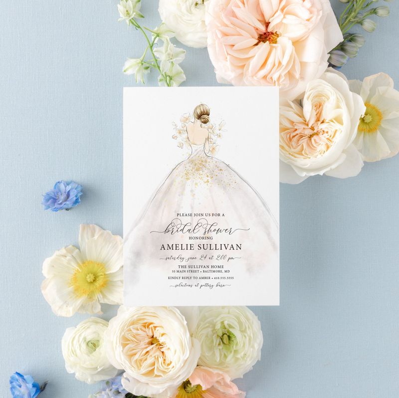 Wedding Dress Bridal Shower Invitation Printed, bridesmaid luncheon, bridal lunch invite, bridal tea, bridesmaid brunch, wedding shower (10 printed invitations | Plain White Envelopes)
