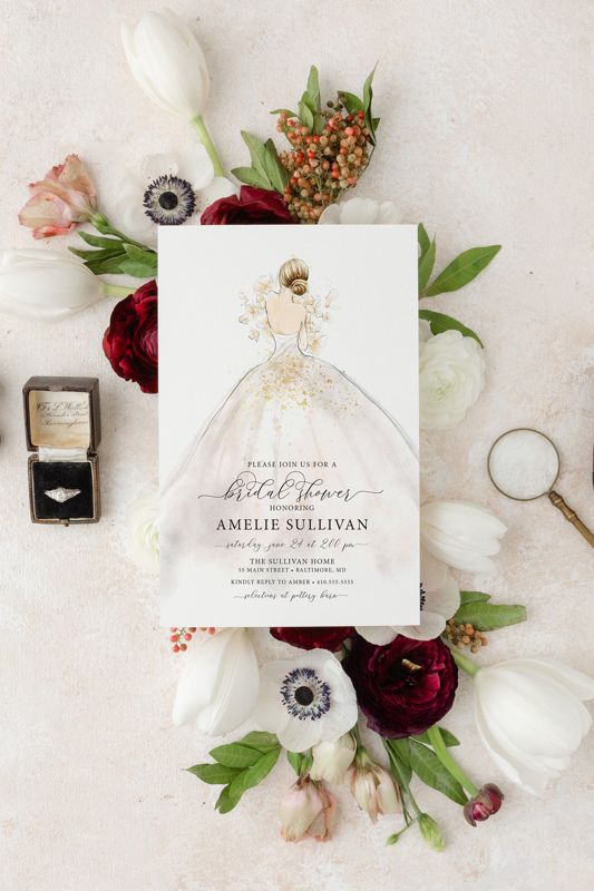 Wedding Dress Bridal Shower Invitation Printed, bridesmaid luncheon, bridal lunch invite, bridal tea, bridesmaid brunch, wedding shower (10 printed invitations | Plain White Envelopes)