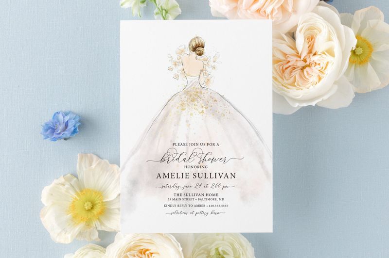 Wedding Dress Bridal Shower Invitation Printed, bridesmaid luncheon, bridal lunch invite, bridal tea, bridesmaid brunch, wedding shower (10 printed invitations | Plain White Envelopes)