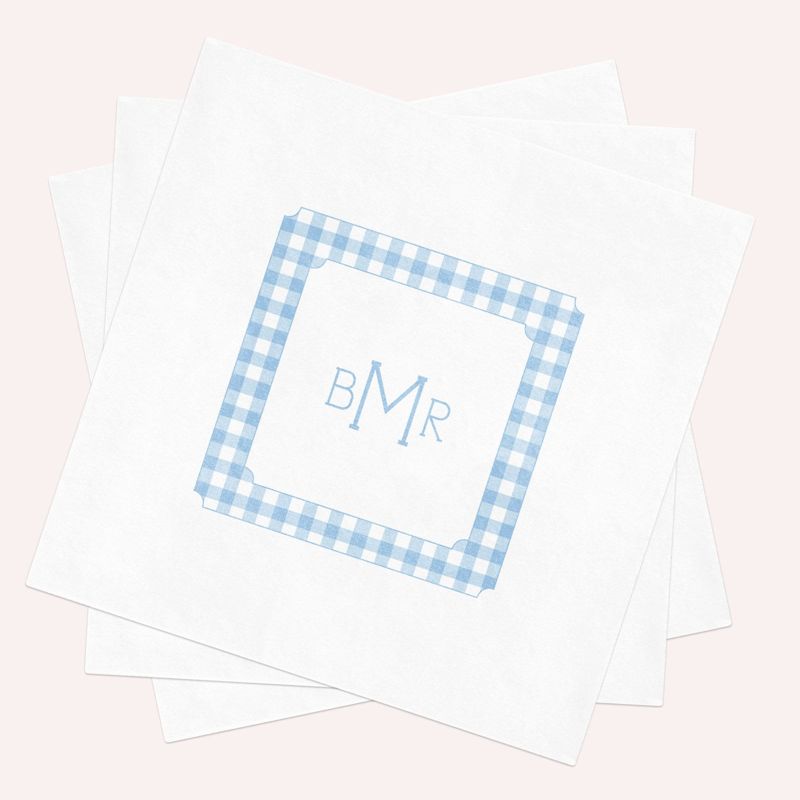 Custom Napkins for Boy Baby Shower - Blue Gingham Paper Napkins - Monogram Napkins for Baby Boy Sprinkle - Custom Cocktail Napkins (100 Printed Napkins | Cocktail 4.75")