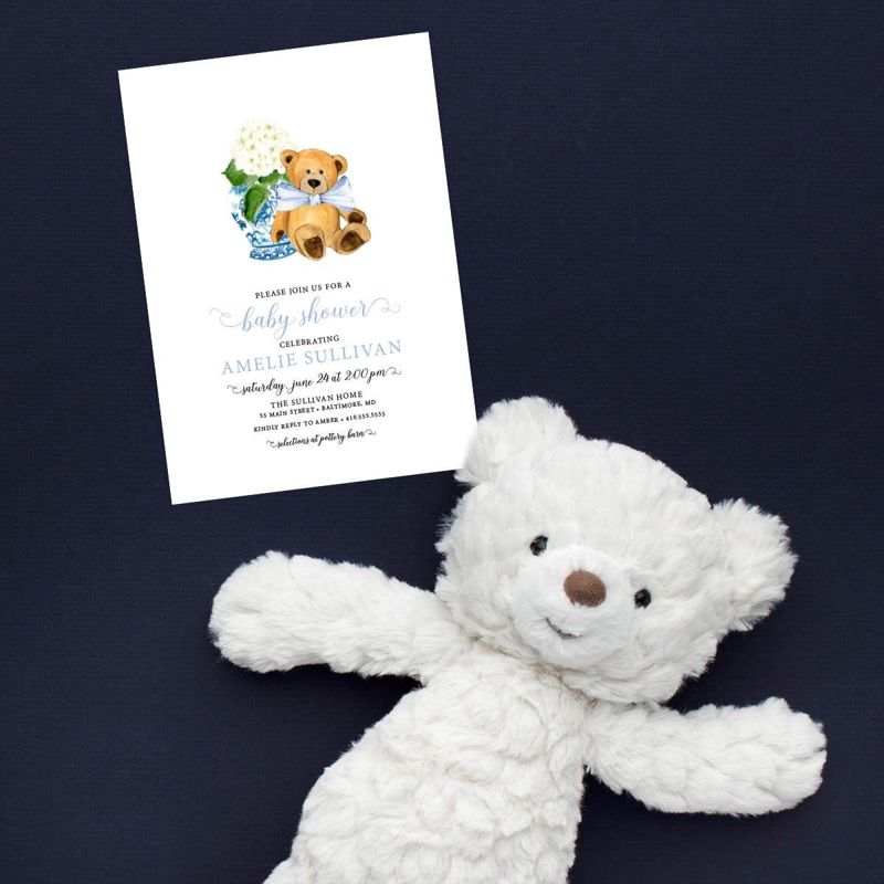 Ginger Jar Teddy Bear Baby Shower Invitation - It's a Boy - Little Cub - Baby Boy - Blue Chinoiserie Hydrangea Printed (10 printed invitations | Plain White Envelopes)