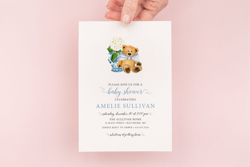 Ginger Jar Teddy Bear Baby Shower Invitation - It's a Boy - Little Cub - Baby Boy - Blue Chinoiserie Hydrangea Printed (10 printed invitations | Plain White Envelopes)