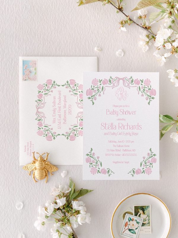 Baby Shower Invitations Girl Pink Bow Pumpkins - Fall Girl Baby Sprinkle Invites - Preppy Monogram Pumpkin (10 printed invitations | Plain White Envelopes)