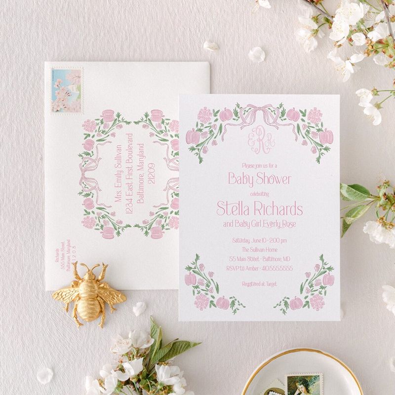 Baby Shower Invitations Girl Pink Bow Pumpkins - Fall Girl Baby Sprinkle Invites - Preppy Monogram Pumpkin (10 printed invitations | Plain White Envelopes)