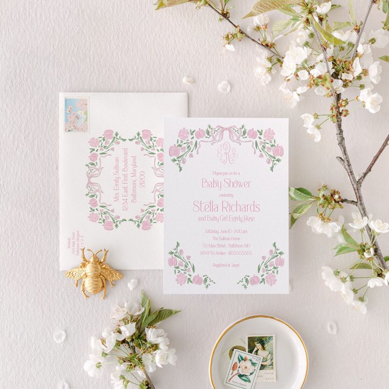 Baby Shower Invitations Girl Pink Bow Pumpkins - Fall Girl Baby Sprinkle Invites - Preppy Monogram Pumpkin (10 printed invitations | Plain White Envelopes)