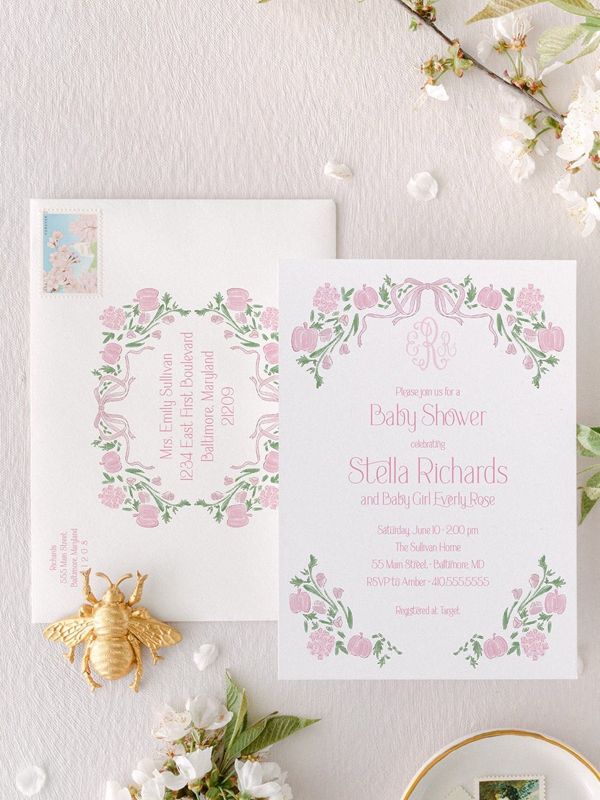 Baby Shower Invitations Girl Pink Bow Pumpkins - Fall Girl Baby Sprinkle Invites - Preppy Monogram Pumpkin (10 printed invitations | Plain White Envelopes)