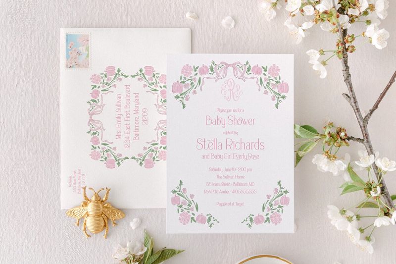 Baby Shower Invitations Girl Pink Bow Pumpkins - Fall Girl Baby Sprinkle Invites - Preppy Monogram Pumpkin (10 printed invitations | Plain White Envelopes)