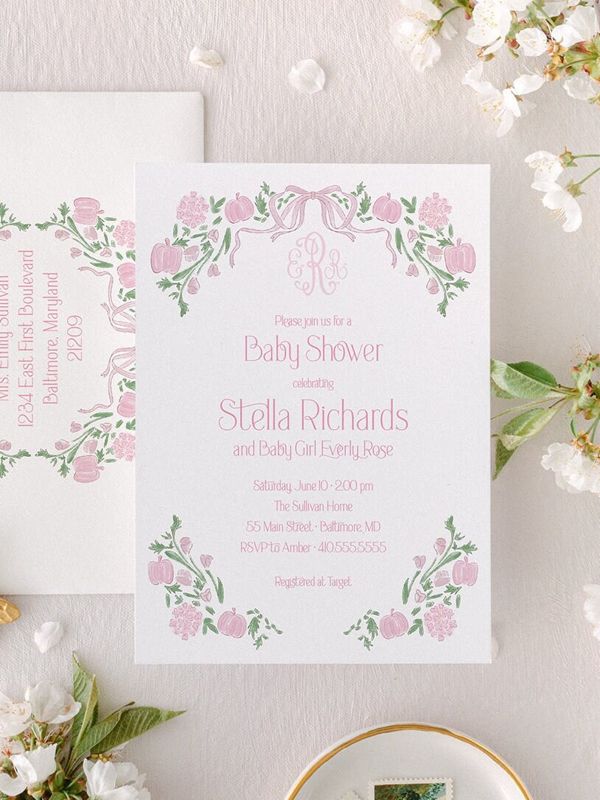 Baby Shower Invitations Girl Pink Bow Pumpkins - Fall Girl Baby Sprinkle Invites - Preppy Monogram Pumpkin (10 printed invitations | Plain White Envelopes)