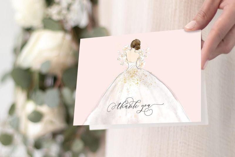 Bridal Shower Thank You Notes - Bridal Gown Note Cards - Brunette Bride - Printed Cards - Bride in a Dress (10 printed notes)