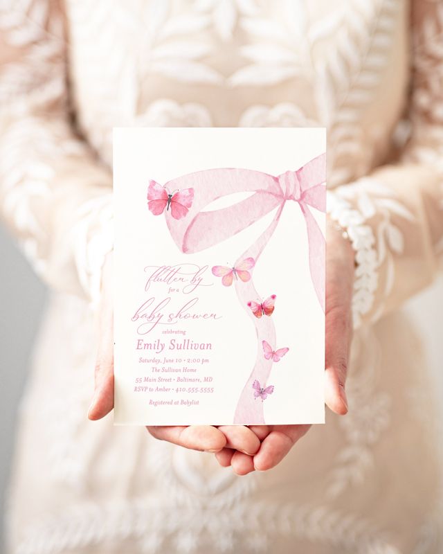Butterfly Baby Girl Shower Invitation, Preppy Pink Bow girl baby sprinkle, heirloom bow, girl butterfly birthday party (10 printed invitations | Plain White Envelopes)
