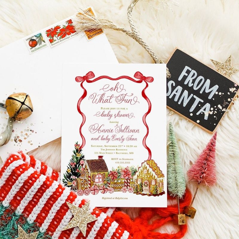 Christmas Baby Shower Invitations - Winter Baby Sprinkle - Gingerbread Invitations - Sip and See - Baby Girl - Cooking Decorating Party Red