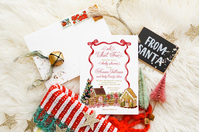 Christmas Baby Shower Invitations - Winter Baby Sprinkle - Gingerbread Invitations - Sip and See - Baby Girl - Cooking Decorating Party Red