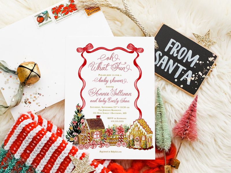 Christmas Baby Shower Invitations - Winter Baby Sprinkle - Gingerbread Invitations - Sip and See - Baby Girl - Cooking Decorating Party Red