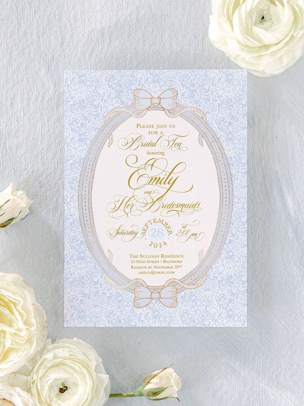 Blue Bridal Tea Invitations, Bridesmaids Luncheon Invite, Vintage Romantic Floral, Baby Sprinkle, Fancy Blue Bow, Whimsical Garden Tea Party (10 printed invitations, Plain White Envelopes)