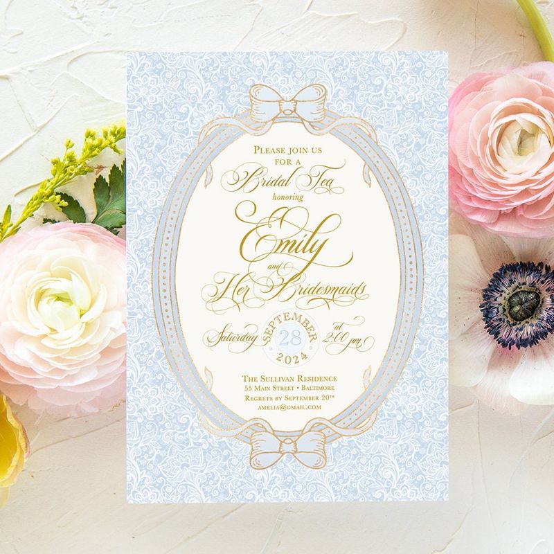 Blue Bridal Tea Invitations, Bridesmaids Luncheon Invite, Vintage Romantic Floral, Baby Sprinkle, Fancy Blue Bow, Whimsical Garden Tea Party (10 printed invitations, Plain White Envelopes)