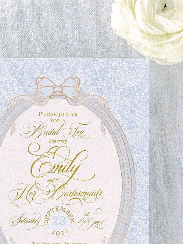 Blue Bridal Tea Invitations, Bridesmaids Luncheon Invite, Vintage Romantic Floral, Baby Sprinkle, Fancy Blue Bow, Whimsical Garden Tea Party (10 printed invitations, Plain White Envelopes)
