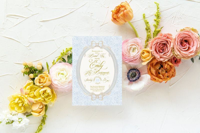 Blue Bridal Tea Invitations, Bridesmaids Luncheon Invite, Vintage Romantic Floral, Baby Sprinkle, Fancy Blue Bow, Whimsical Garden Tea Party (10 printed invitations, Plain White Envelopes)