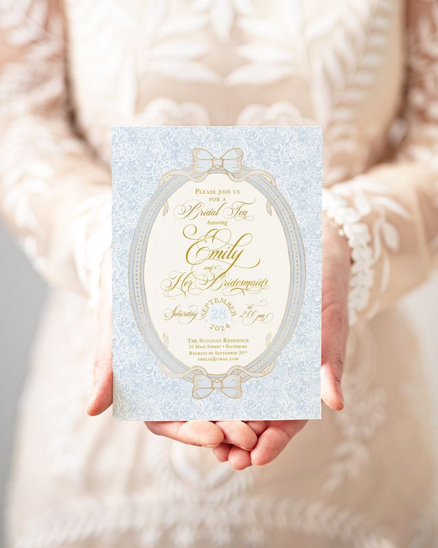 Blue Bridal Tea Invitations, Bridesmaids Luncheon Invite, Vintage Romantic Floral, Baby Sprinkle, Fancy Blue Bow, Whimsical Garden Tea Party (10 printed invitations, Plain White Envelopes)