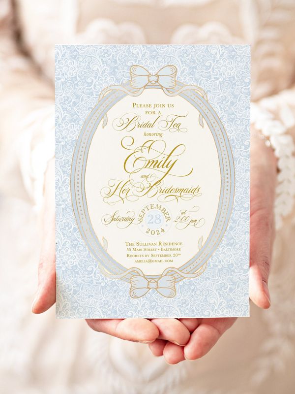Blue Bridal Tea Invitations, Bridesmaids Luncheon Invite, Vintage Romantic Floral, Baby Sprinkle, Fancy Blue Bow, Whimsical Garden Tea Party (10 printed invitations, Plain White Envelopes)
