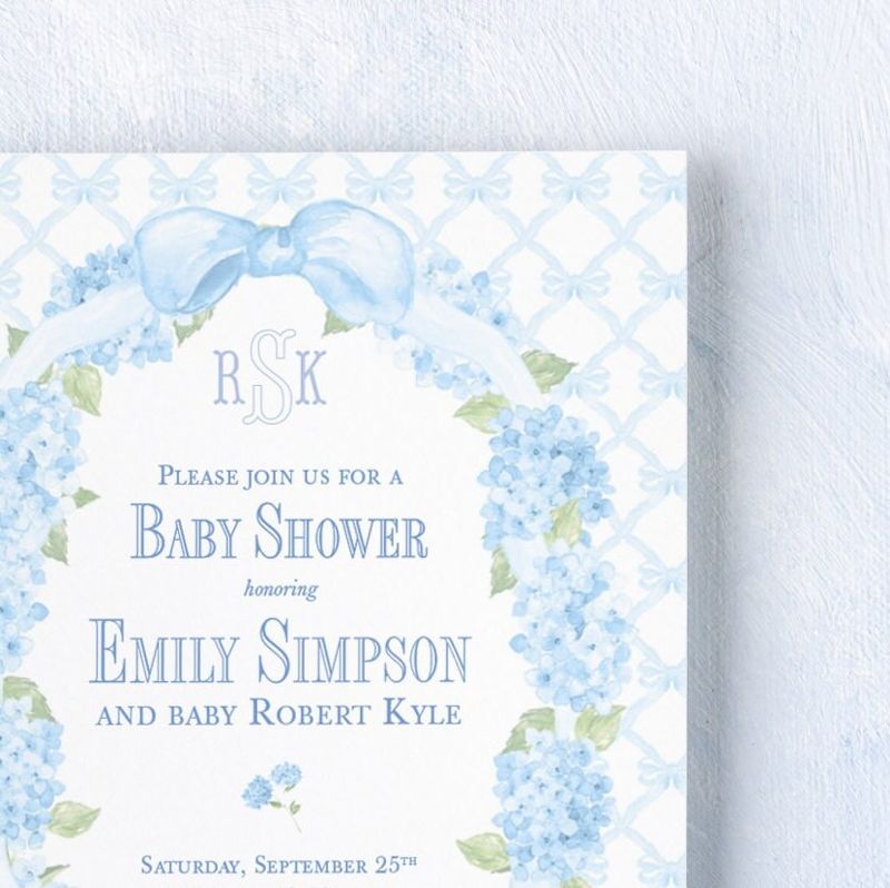 Baby Boy Shower Invitations for Bow Frame, Sprinkle for Baby Boy, Hydrangea Bow Wreath Grandmillenial (10 printed invitations | Plain White Envelopes)
