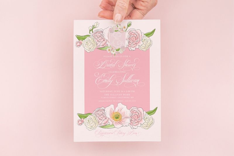 Bridal Shower Invitations - Pink Floral Baby Shower Invitations - Bridesmaids Luncheon - Bridal Tea - Brunch with the Bride - Monogram Crest
