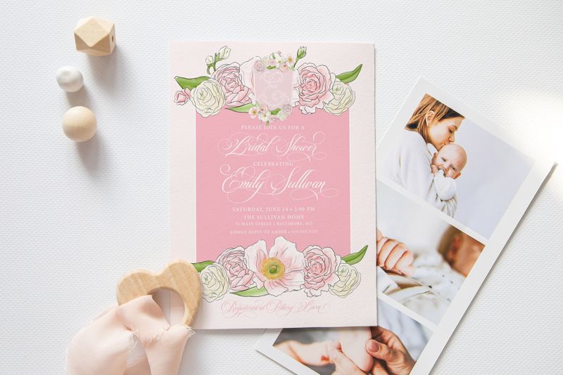 Bridal Shower Invitations - Pink Floral Baby Shower Invitations - Bridesmaids Luncheon - Bridal Tea - Brunch with the Bride - Monogram Crest