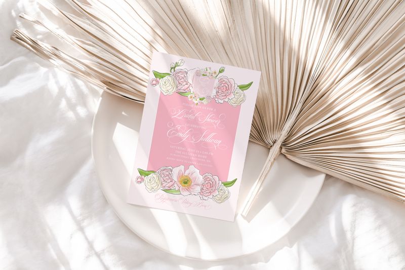 Bridal Shower Invitations - Pink Floral Baby Shower Invitations - Bridesmaids Luncheon - Bridal Tea - Brunch with the Bride - Monogram Crest