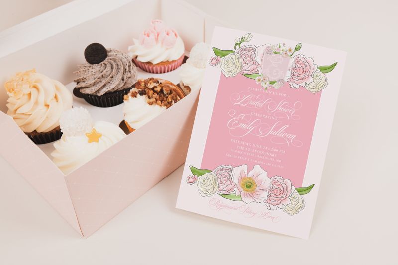 Bridal Shower Invitations - Pink Floral Baby Shower Invitations - Bridesmaids Luncheon - Bridal Tea - Brunch with the Bride - Monogram Crest