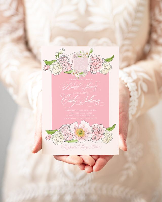 Bridal Shower Invitations - Pink Floral Baby Shower Invitations - Bridesmaids Luncheon - Bridal Tea - Brunch with the Bride - Monogram Crest