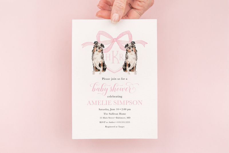 Preppy Watercolor Crest - Australian Shepherd - Pink Monogram Bow Baby Shower Invitations - Aussie Invites - Dog baby shower crest printed (10 printed invitations, Plain White Envelopes)