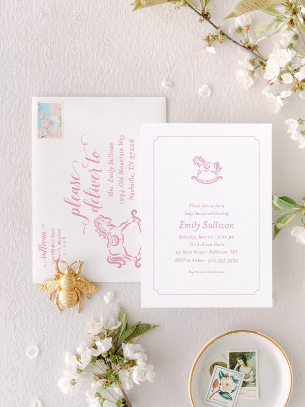 Classic Baby Girl Shower Invitation Rocking Horse Girl Baby Sprinkle Traditional Preppy Printed (10 printed invitations, Plain White Envelopes)