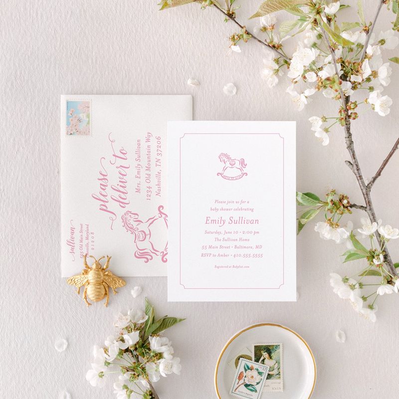 Classic Baby Girl Shower Invitation Rocking Horse Girl Baby Sprinkle Traditional Preppy Printed (10 printed invitations, Plain White Envelopes)