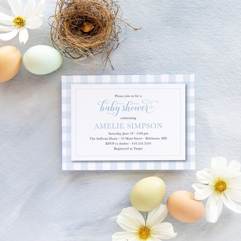 Blue Gingham Baby Shower Invitations - Boy Baby Shower - Classic Invitation - Storybook shower invites - Baby Sprinkle Invite Printable