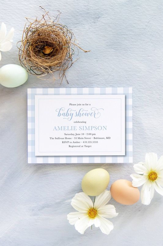 Blue Gingham Baby Shower Invitations - Boy Baby Shower - Classic Invitation - Storybook shower invites - Baby Sprinkle Invite Printable