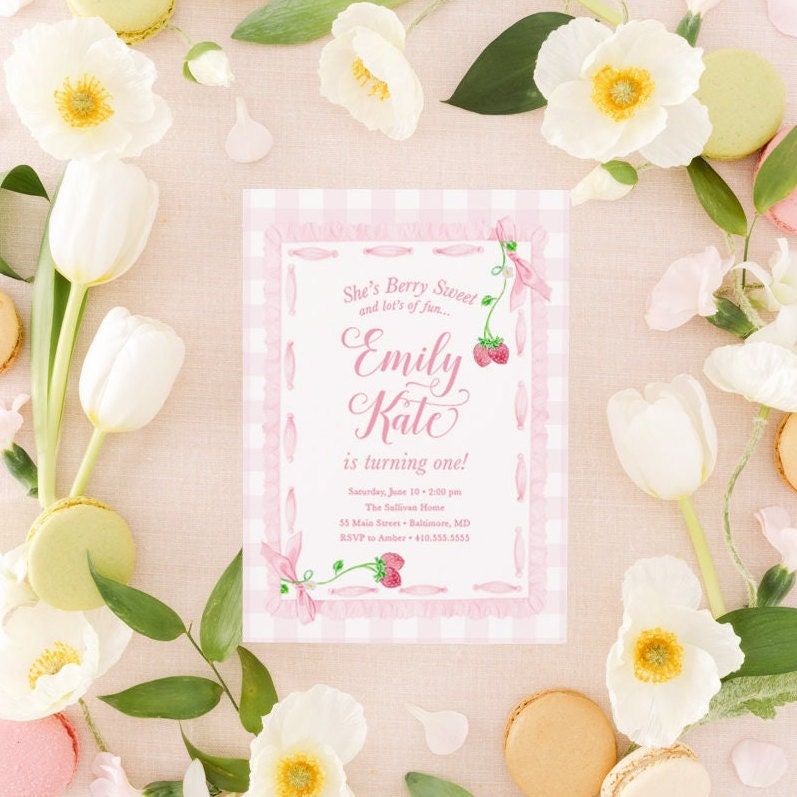 Strawberry Birthday Printed Invitation Girl, Preppy Pink Gingham, Watercolor Pink Bow, Gingham Bow Party - Berry First Birthday Berry Sweet (10 printed invitations | Plain White Envelopes)