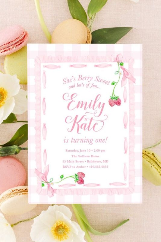 Strawberry Birthday Printed Invitation Girl, Preppy Pink Gingham, Watercolor Pink Bow, Gingham Bow Party - Berry First Birthday Berry Sweet (10 printed invitations | Plain White Envelopes)