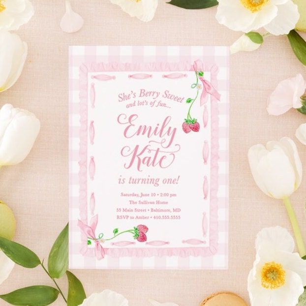 Strawberry Birthday Printed Invitation Girl, Preppy Pink Gingham, Watercolor Pink Bow, Gingham Bow Party - Berry First Birthday Berry Sweet (10 printed invitations | Plain White Envelopes)