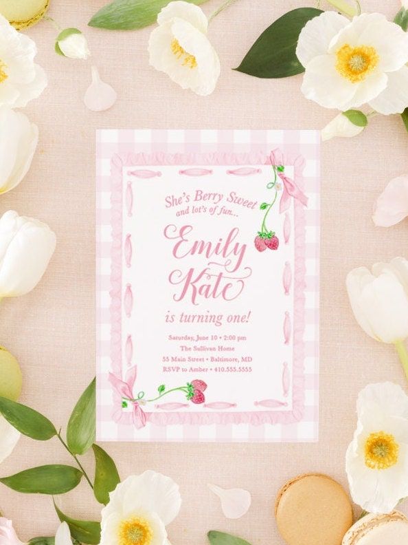 Strawberry Birthday Printed Invitation Girl, Preppy Pink Gingham, Watercolor Pink Bow, Gingham Bow Party - Berry First Birthday Berry Sweet (10 printed invitations | Plain White Envelopes)