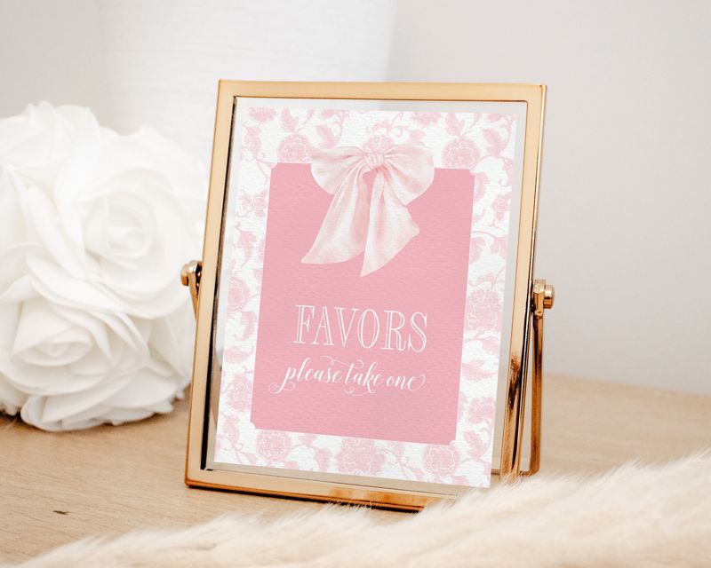 Favors Sign for Girl Baby Shower Printable with Pink Bow - Printable 8x10 - Preppy Pink Chinoiserie Toile Baby Sprinkle
