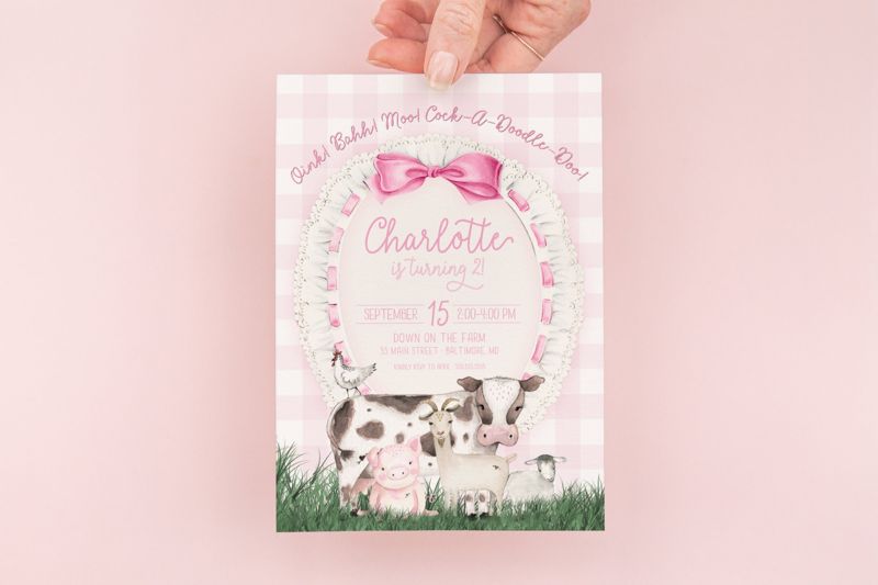 Farm Birthday Invitation Girl, Farm Birthday Party Invitation, Pink Farm Birthday Invite, Pink Gingham Barnyard Birthday Invitation Printed (10 printed invitations, Plain White Envelopes)
