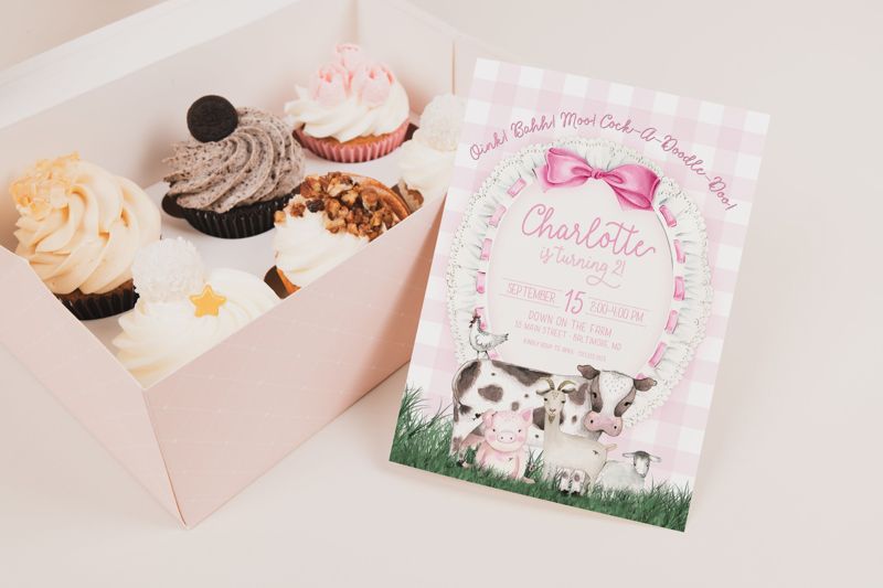 Farm Birthday Invitation Girl, Farm Birthday Party Invitation, Pink Farm Birthday Invite, Pink Gingham Barnyard Birthday Invitation Printed (10 printed invitations, Plain White Envelopes)