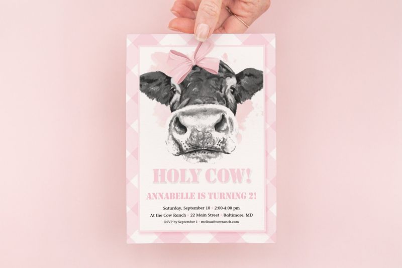 Holy Cow I'm One Invites - Pink Gingham First Birthday Party Printed Invitations - Girl Farm Party Invite - Cow Girl Birthday Invitation (10 printed invitations | Plain White Envelopes)