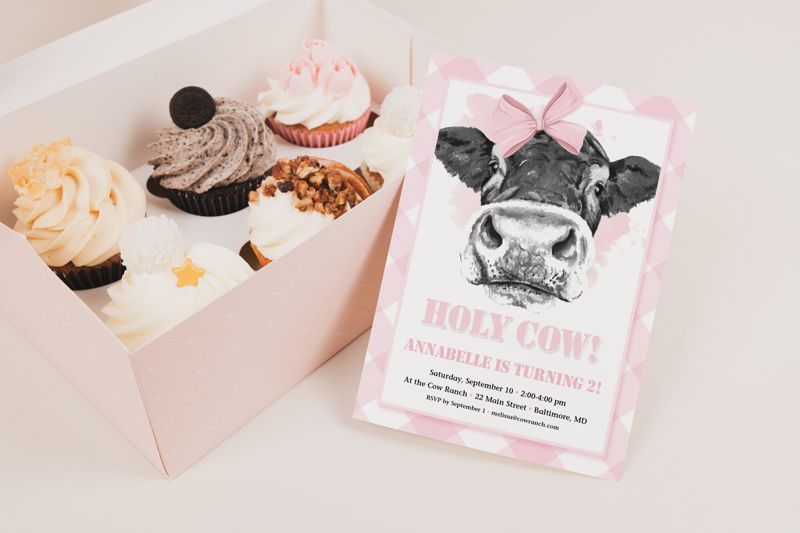 Holy Cow I'm One Invites - Pink Gingham First Birthday Party Printed Invitations - Girl Farm Party Invite - Cow Girl Birthday Invitation (10 printed invitations | Plain White Envelopes)