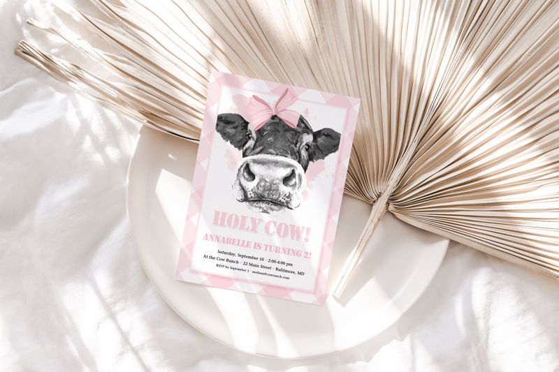 Holy Cow I'm One Invites - Pink Gingham First Birthday Party Printed Invitations - Girl Farm Party Invite - Cow Girl Birthday Invitation (10 printed invitations | Plain White Envelopes)